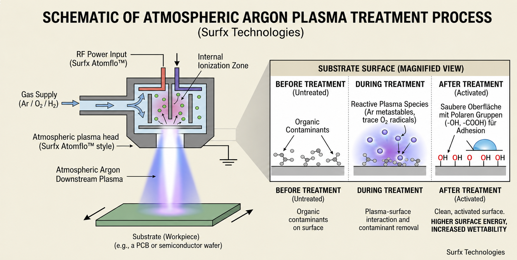 Schematic of atmospheric argon plasma treatment process by Surfx Technologies